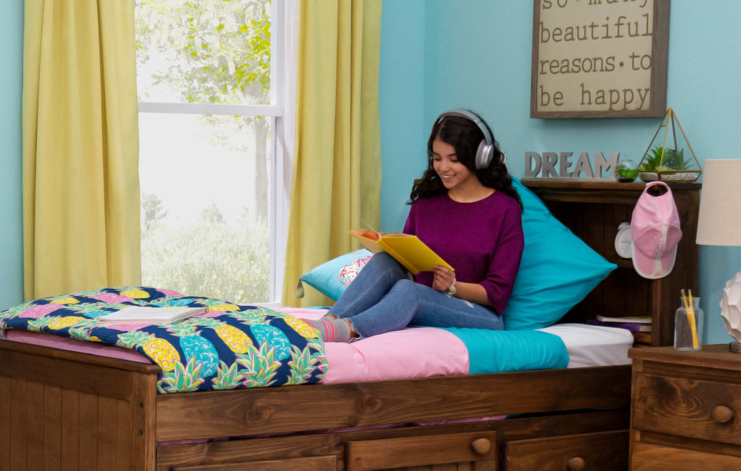 Young teen posed on Moab Bookcase Bed with Underdresser in bedroom window scene