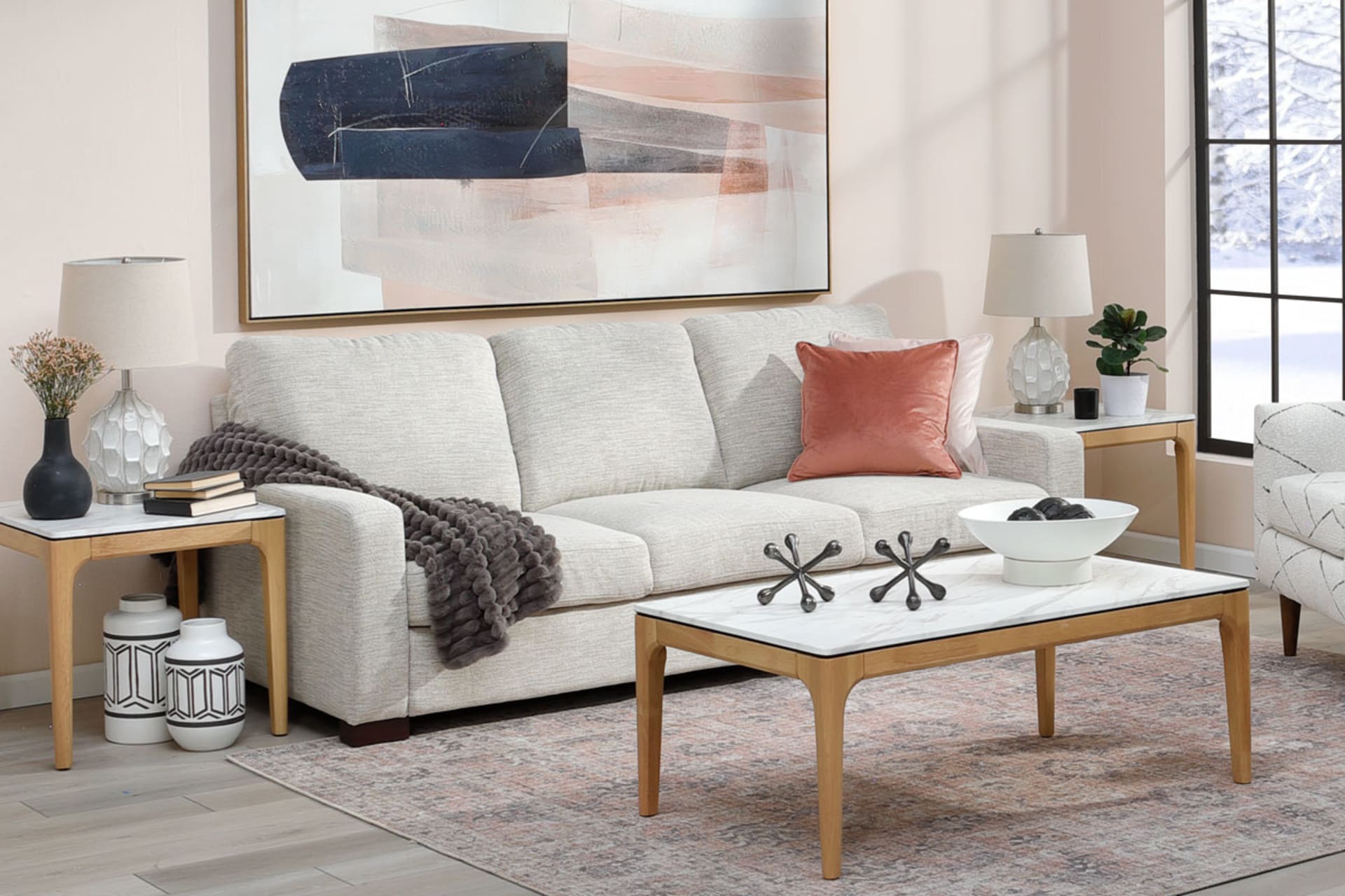 White Recycled Water bottle Sofa in living room with 2 end tables and 1 coffee table