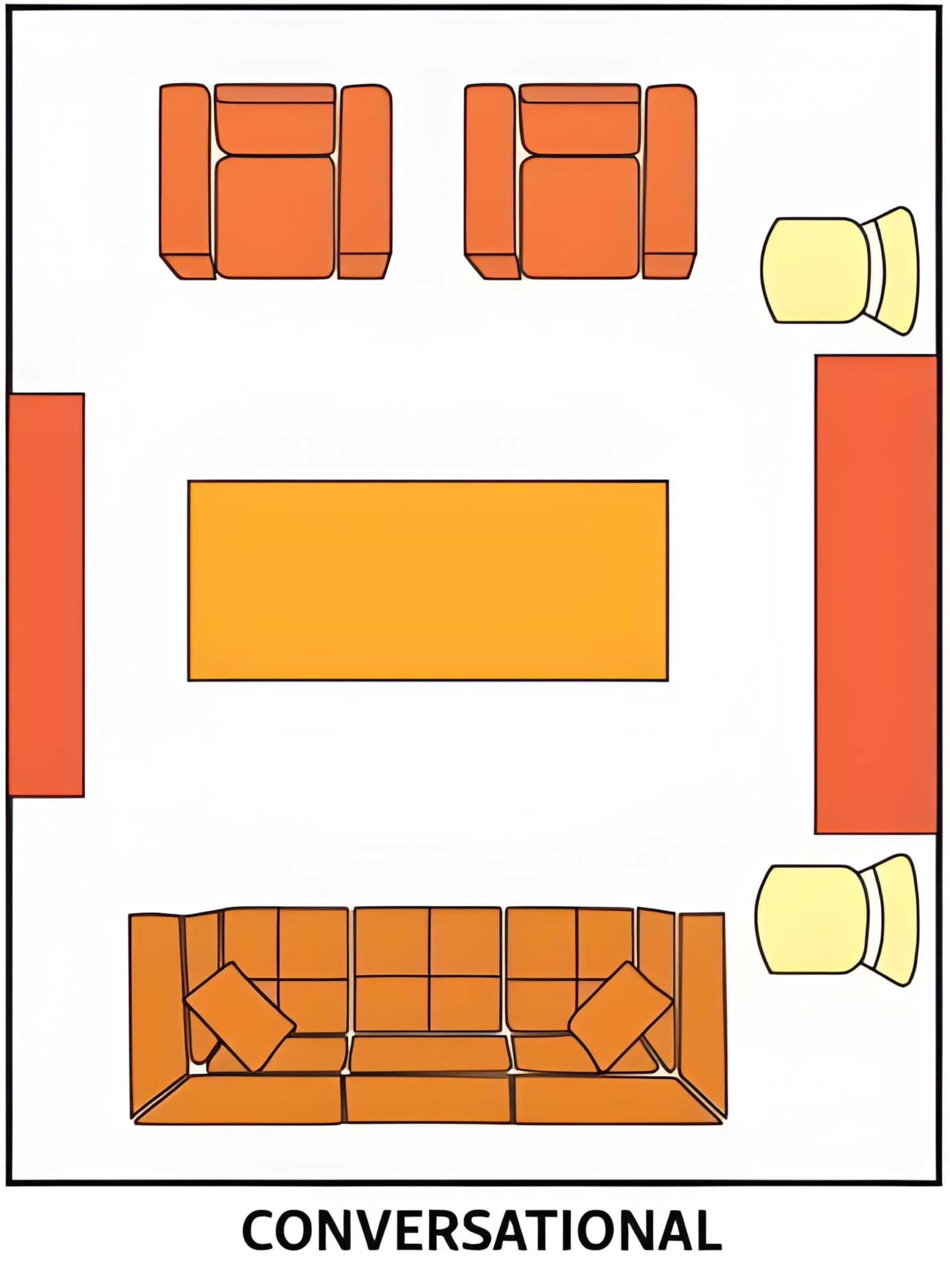 Graphic of the conversational living room layout