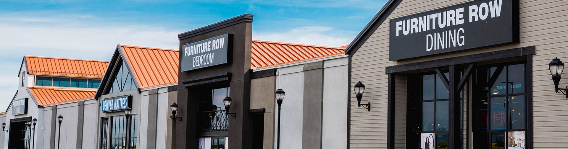 Furniture Row Dining, Furniture Row Bedroom, Denver Mattress and Furniture Row Living Building Exterior Signage