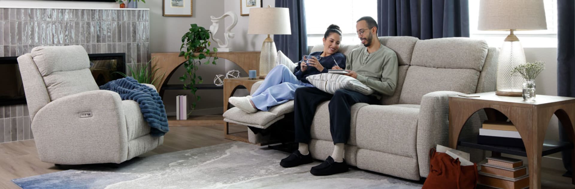 Light Beige Fabric Reclining Sofa and Chair in Living Room