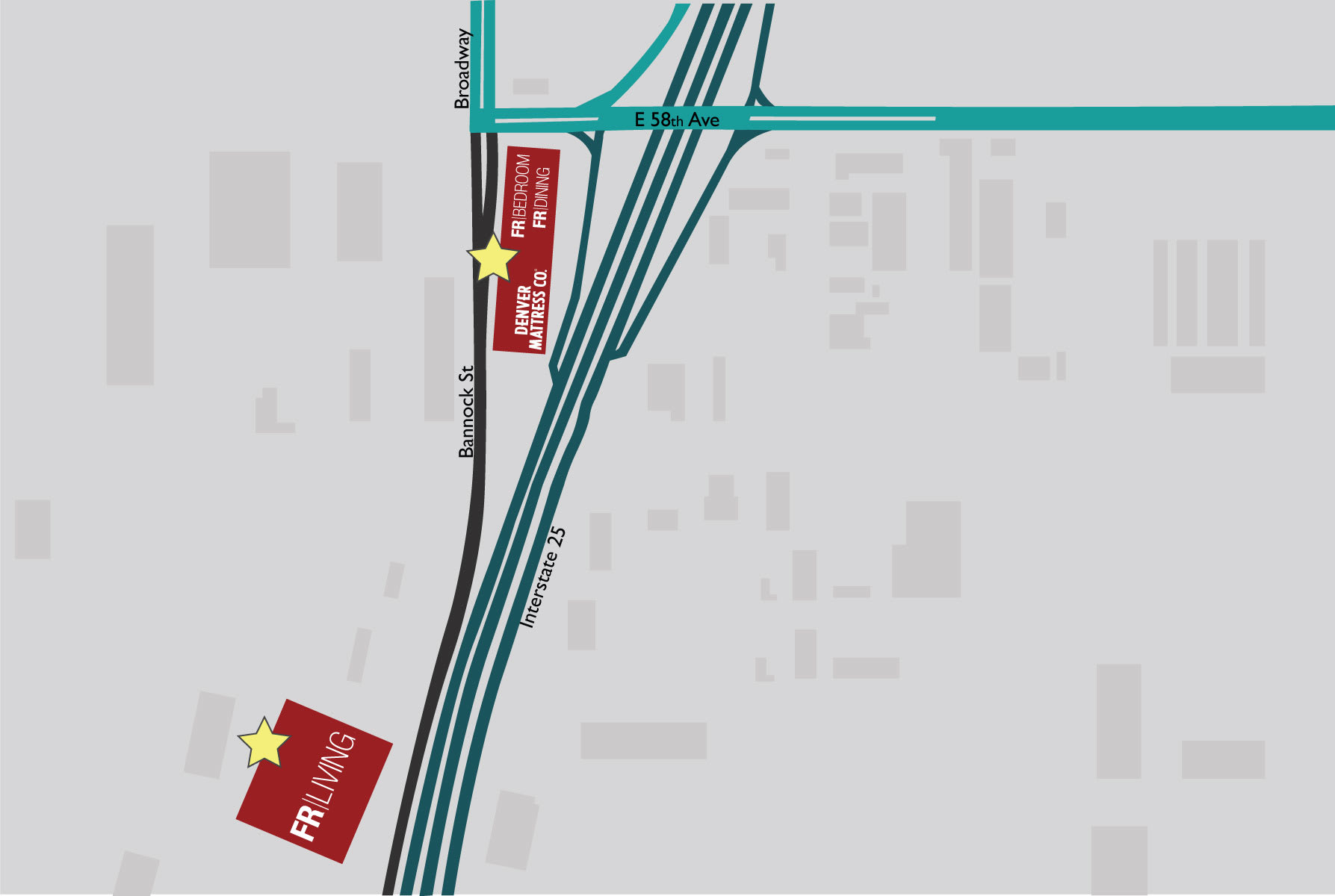 Map of Denver Superstores including the Living Room Superstore, Bedroom Superstore, and Dining Superstore