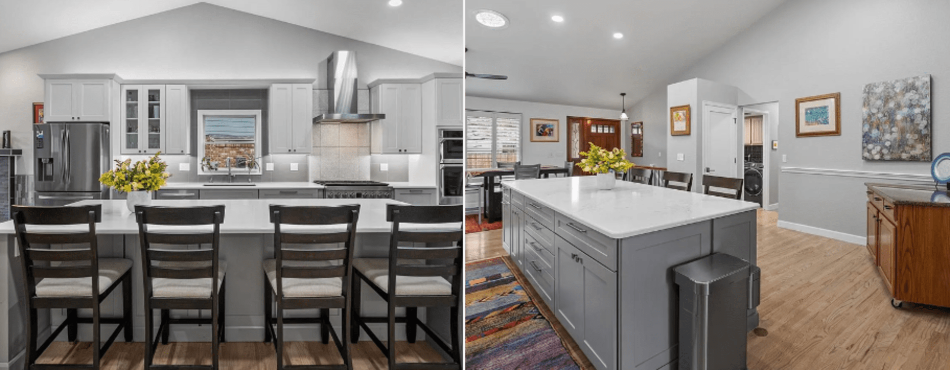 Two kitchens featuring a millennial gray color scheme